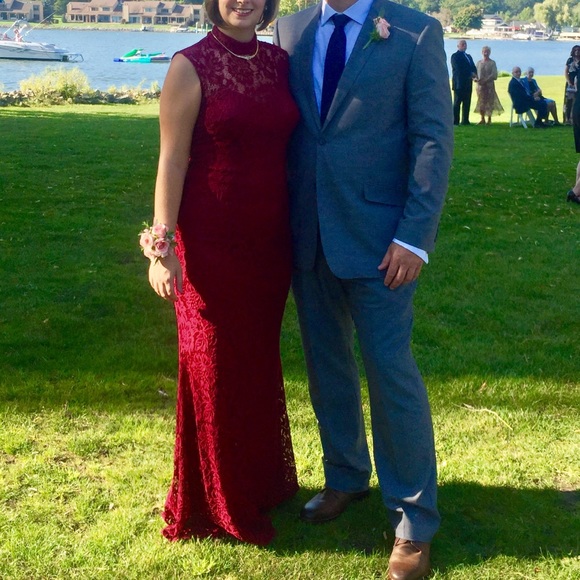 Betsy & Adam Burgundy Lace Backless Dress - Picture 1 of 6